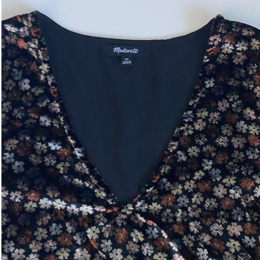 Madewell Velvet Split Sleeve Ruffle Hem Floral Top Black Brown K2795 XS - Picture 11 of 13